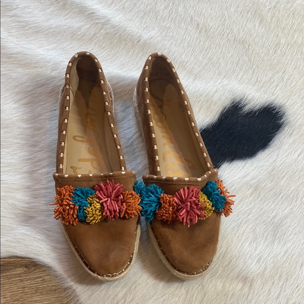 Sam Edelman Issa Espadrille flats in brown suede with multi-colored pom-poms - Picture 4 of 12